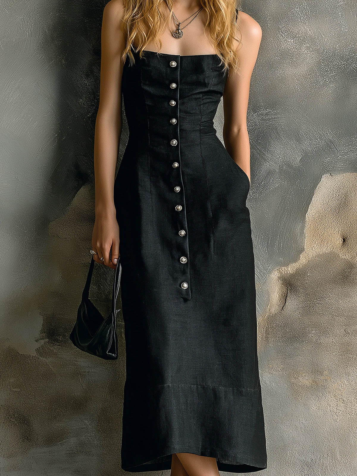 ElevenOra Chic Elegant Black Cotton-Linen Blend Spaghetti-Strap Sleeveless Button-Front Slim-Fit Midi Dress
