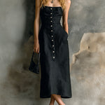 ElevenOra Chic Elegant Black Cotton-Linen Blend Spaghetti-Strap Sleeveless Button-Front Slim-Fit Midi Dress