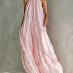 ElevenOra Chic Elegant Pink-White Stripes Chiffon Halter-Neck Sleeveless A-Line Loose-Fit Holiday Maxi Dress