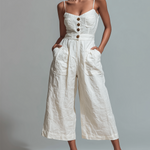 ElevenOra Chic Casual White Spaghetti Straps Button-Front Sleeveless Patch Pocket Cropped  Wide Leg Crinkled Cotton Blend Jumpsuit