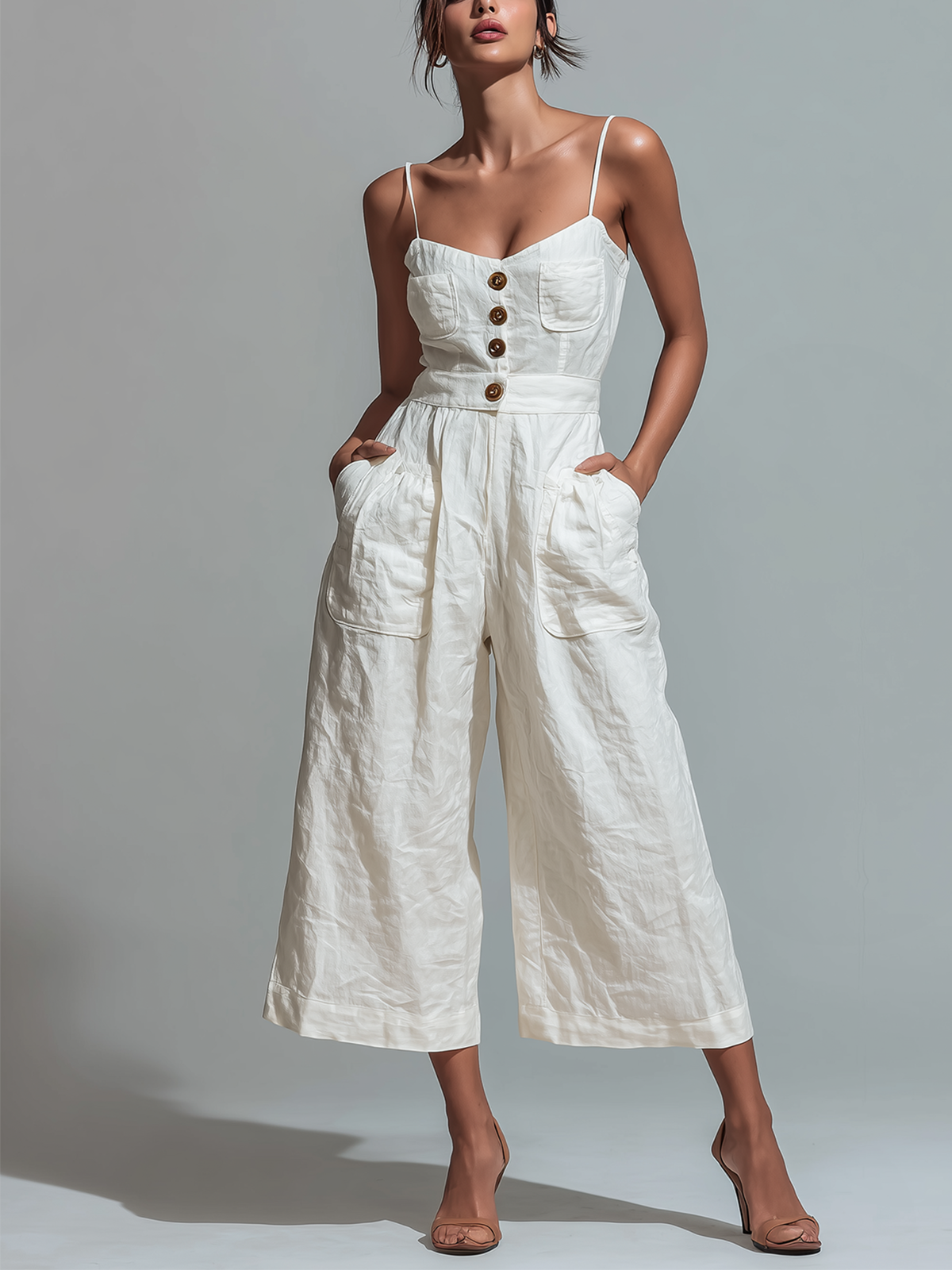 ElevenOra Chic Casual White Spaghetti Straps Button-Front Sleeveless Patch Pocket Cropped  Wide Leg Crinkled Cotton Blend Jumpsuit