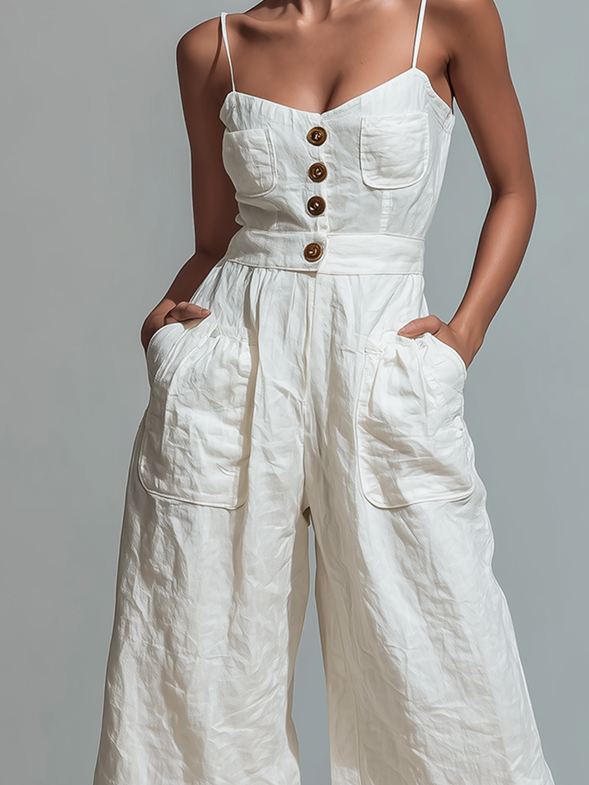 ElevenOra Chic Casual White Spaghetti Straps Button-Front Sleeveless Patch Pocket Cropped  Wide Leg Crinkled Cotton Blend Jumpsuit