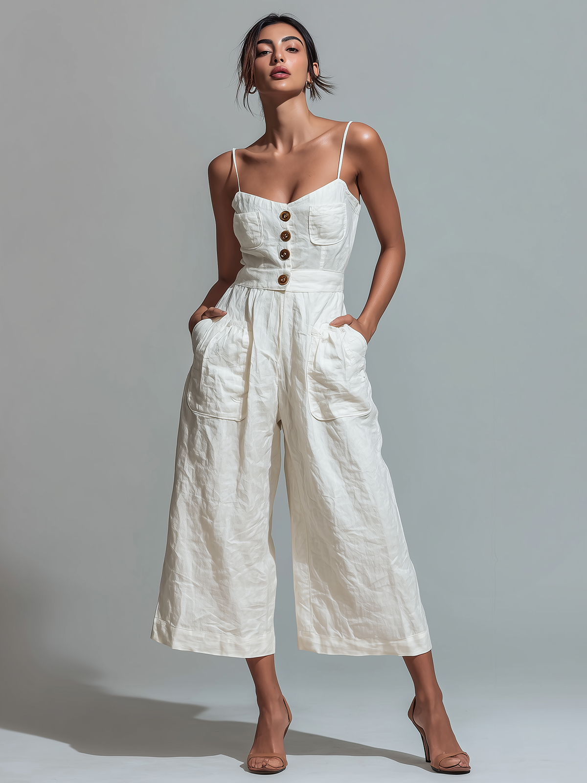 ElevenOra Chic Casual White Spaghetti Straps Button-Front Sleeveless Patch Pocket Cropped  Wide Leg Crinkled Cotton Blend Jumpsuit