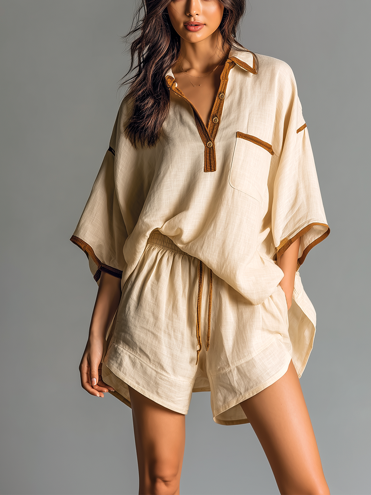 ElevenOra Chic Casual Beige Colorblock Cotton-Linen Blend Lapel Collar Button-Front Chest Pocket Short-Sleeve Shirt Top Elastic-Waist Shorts Loose-Fit Two-Piece Set