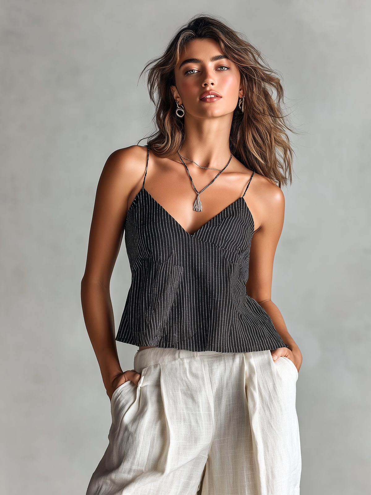 ElevenOra Chic Elegant Black-White Stripes Spaghetti Straps V-Neck Sleeveless Loose-Fit Cotton-Linen Blend Camisole