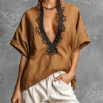 ElevenOra Chic Elegant Brown Linen Blend Stand Collar V-Neck Short-Sleeve Lace Trim Detail Loose-Fit Shirt