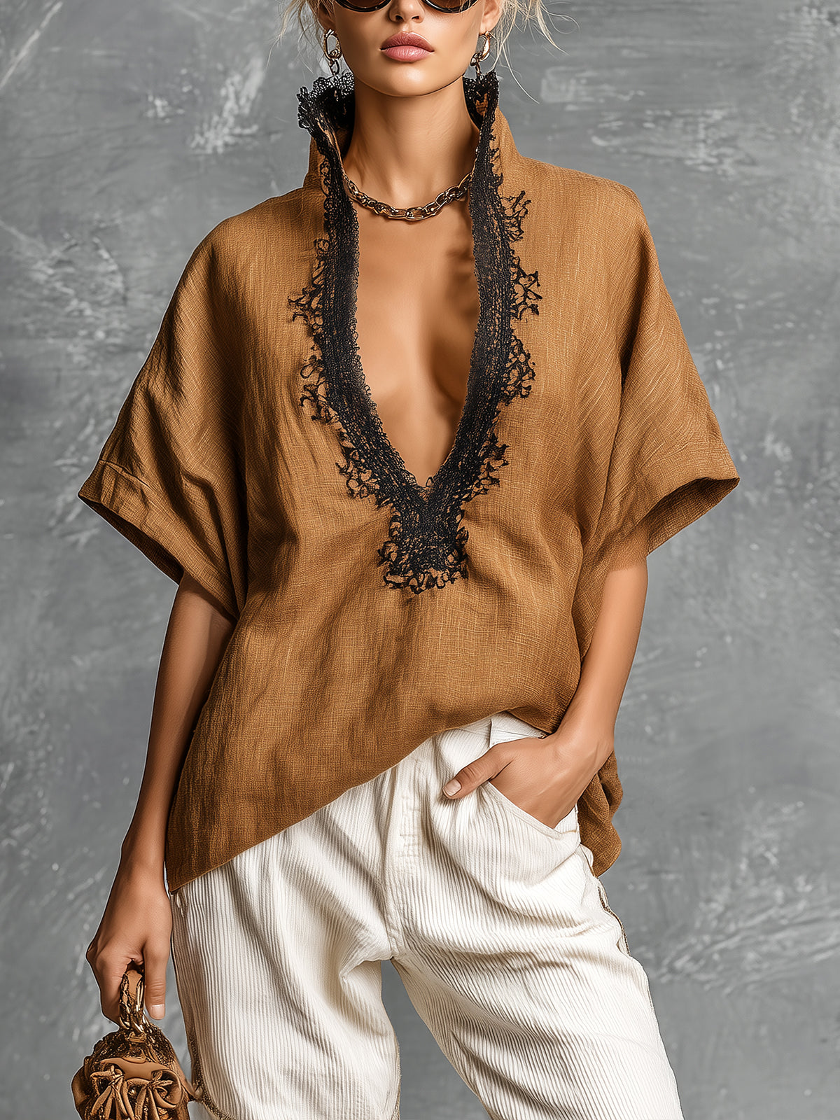 ElevenOra Chic Elegant Brown Linen Blend Stand Collar V-Neck Short-Sleeve Lace Trim Detail Loose-Fit Shirt