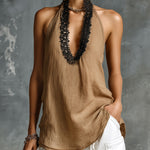 ElevenOra Chic Elegant Brown Linen Blend Halter V-Neck Sleeveless Lace Trim Detail Loose-Fit Tank Top