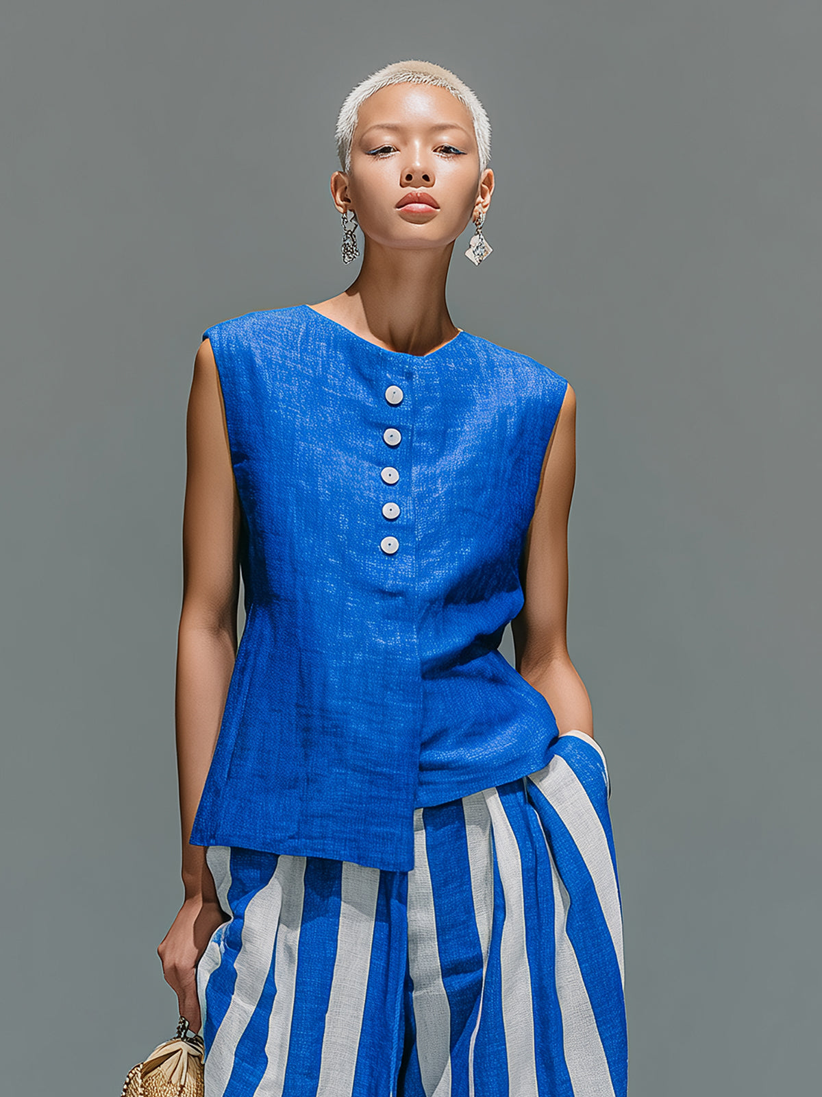 ElevenOra Chic Casual Royal Blue Cotton-Linen Blend Boat-Neck Sleeveless Single-Breasted Asymmetrical Hem Vest Top