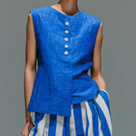 ElevenOra Chic Casual Royal Blue Cotton-Linen Blend Boat-Neck Sleeveless Single-Breasted Asymmetrical Hem Vest Top