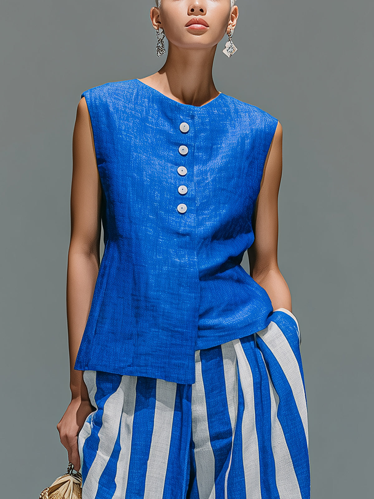 ElevenOra Chic Casual Royal Blue Cotton-Linen Blend Boat-Neck Sleeveless Single-Breasted Asymmetrical Hem Vest Top