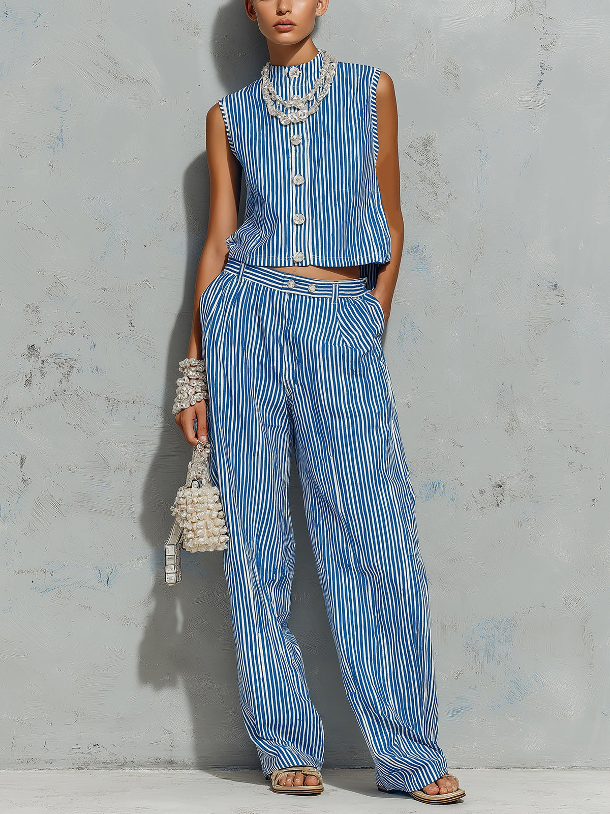 ElevenOra Chic Casual Blue-White Stripes Cotton-Linen Blend Round-Neck Sleeveless Single-Breasted Vest Straight Pants Loose-Fit Two-Piece Set
