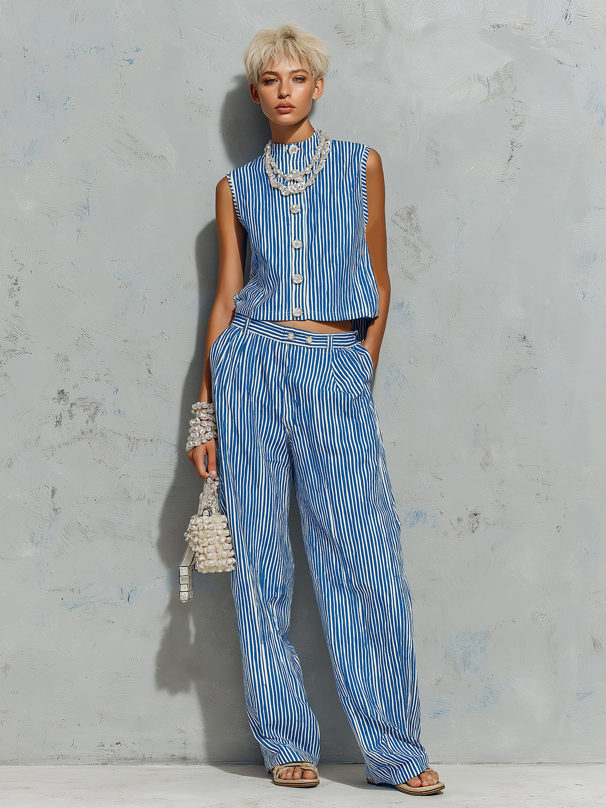 ElevenOra Chic Casual Blue-White Stripes Cotton-Linen Blend Round-Neck Sleeveless Single-Breasted Vest Straight Pants Loose-Fit Two-Piece Set