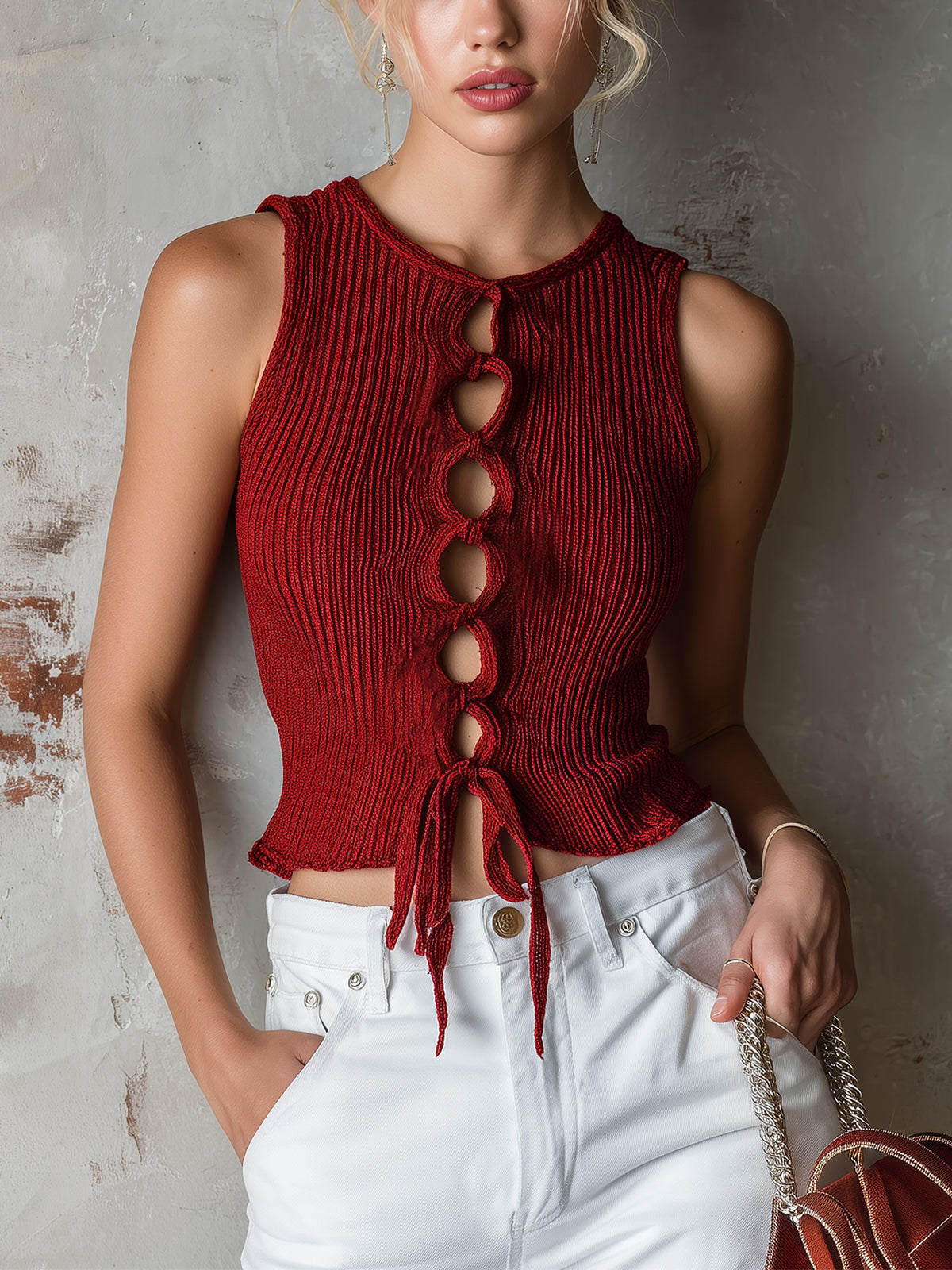 ElevenOra Chic Elegant Red Round-Neck Sleeveless Cutout Detail Slim-Fit Ribbed Knit Tank Top