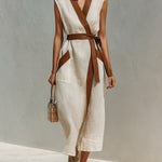ElevenOra Chic Elegant Beige-Brown Colorblock Linen Blend Wrap V-Neck Sleeveless Belted Patch Pockets Loose-Fit Midi Dress