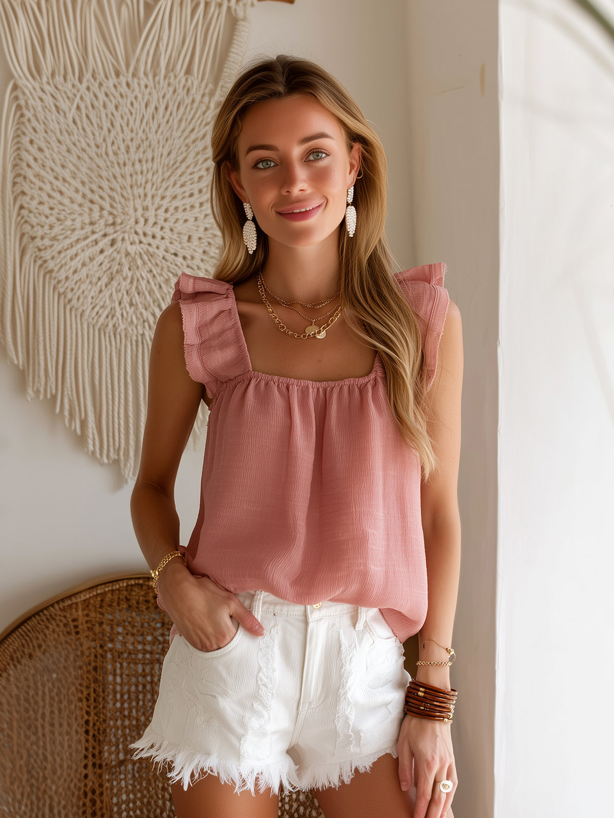 ElevenOra Chic Elegant Pink Cotton-Linen Blend Square-Neck Sleeveless Ruffle Trim Detail Loose-Fit Tank Top