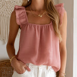 ElevenOra Chic Elegant Pink Cotton-Linen Blend Square-Neck Sleeveless Ruffle Trim Detail Loose-Fit Tank Top