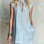 ElevenOra Chic Elegant Light Blue Cotton-Linen Blend Zipper-Up Stand-Collar Sleeveless A-Line Loose-Fit Mini Dress