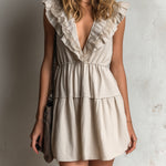ElevenOra Chic Elegant Beige Cotton-Linen Blend V-Neck Sleeveless Ruffle Lace Trim Detail Tailored-Waist A-Line Mini Dress