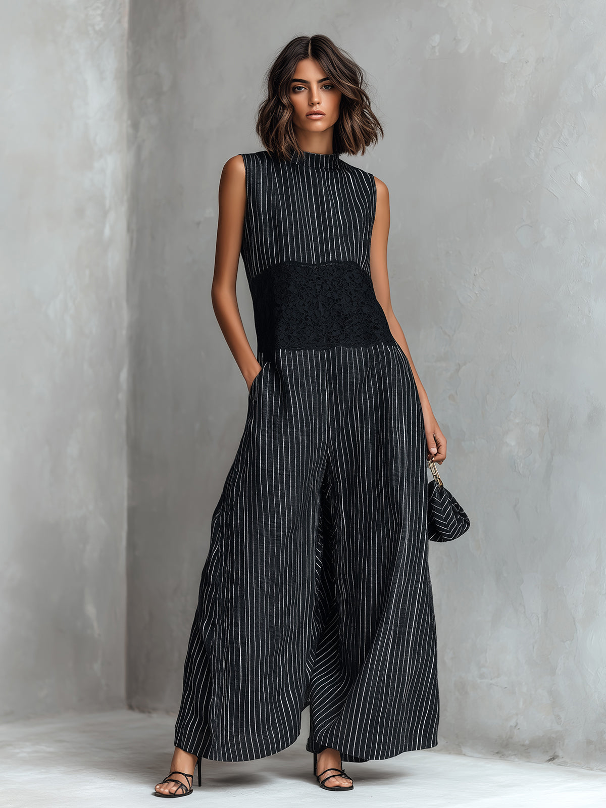 ElevenOra Chic Elegant Black Pinstripes Cotton-Linen Blend Round-Neck Sleeveless Lace Patch Detail Loose-Fit Wide-Leg Jumpsuit
