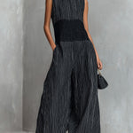 ElevenOra Chic Elegant Black Pinstripes Cotton-Linen Blend Round-Neck Sleeveless Lace Patch Detail Loose-Fit Wide-Leg Jumpsuit