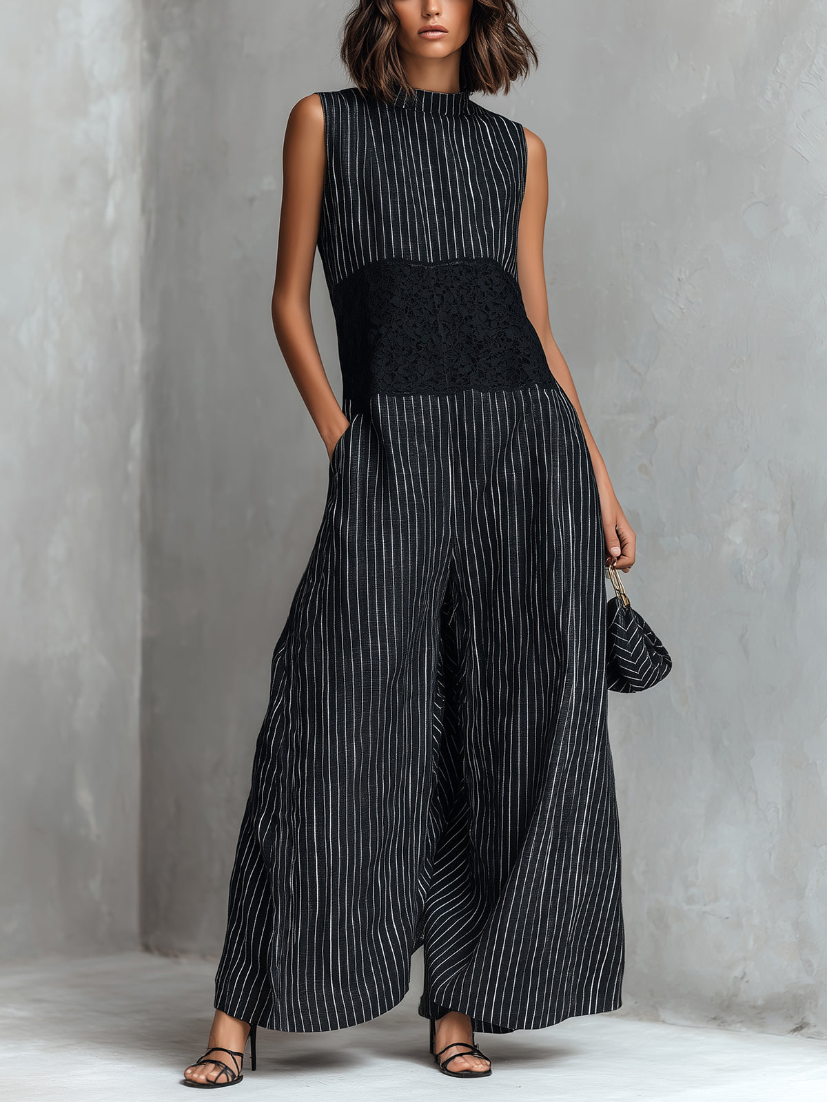 ElevenOra Chic Elegant Black Pinstripes Cotton-Linen Blend Round-Neck Sleeveless Lace Patch Detail Loose-Fit Wide-Leg Jumpsuit