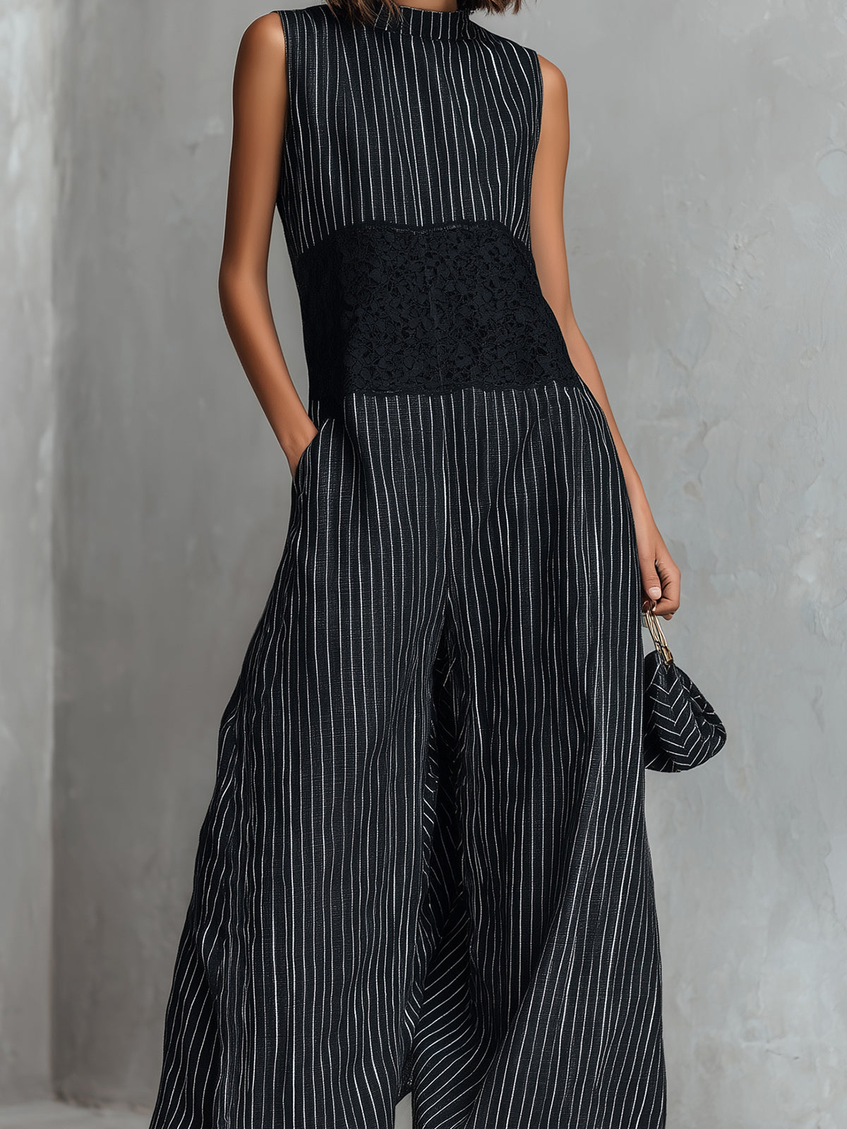 ElevenOra Chic Elegant Black Pinstripes Cotton-Linen Blend Round-Neck Sleeveless Lace Patch Detail Loose-Fit Wide-Leg Jumpsuit