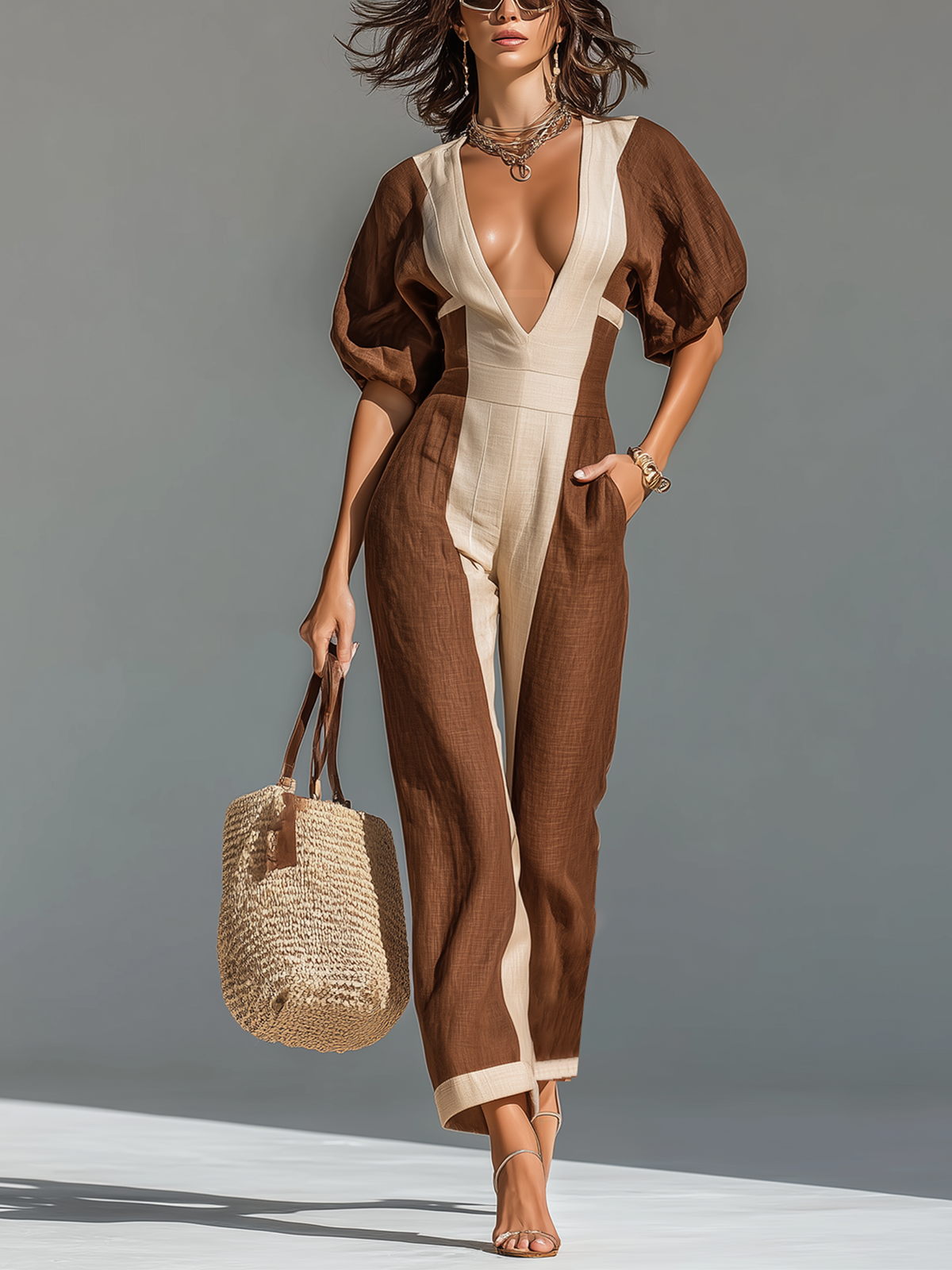 ElevenOra Chic Casual Beige -Brown Colorblock Cotton-Linen Blend  V-Neck Lantern Sleeve High-Waisted Straight -Leg Jumpsuit