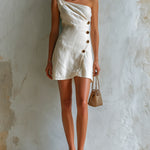 ElevenOra Chic Elegant White Cotton-Linen Blend One-Shoulder Sleeveless Shoulder Strap Button-Detail Slim-Fit Mini Dress