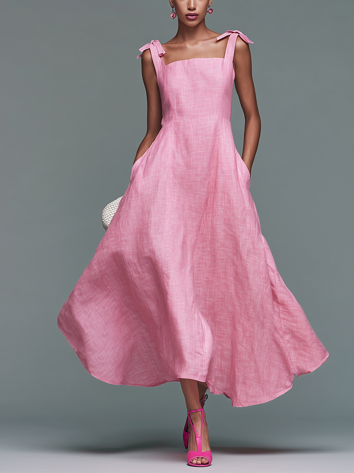 ElevenOra Chic  Elegant Pink Square-Neck Tie-Strap Sleeveless Loose-Fit A-line Cotton Blend Maxi Dress