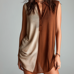 ElevenOra Chic Casual Beige -Brown Colorblock Lapel Collar Button-Up Sleeveless Loose-Fit Knit Mini Dress