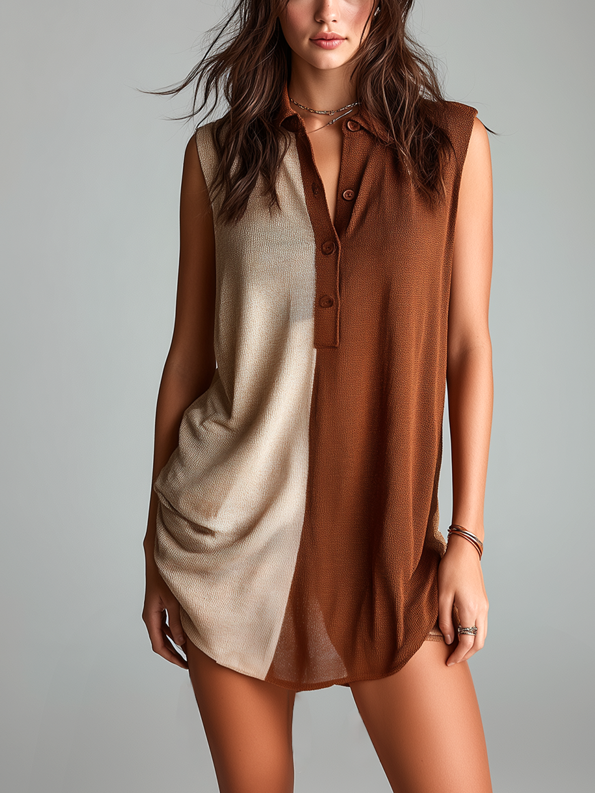 ElevenOra Chic Casual Beige -Brown Colorblock Lapel Collar Button-Up Sleeveless Loose-Fit Knit Mini Dress