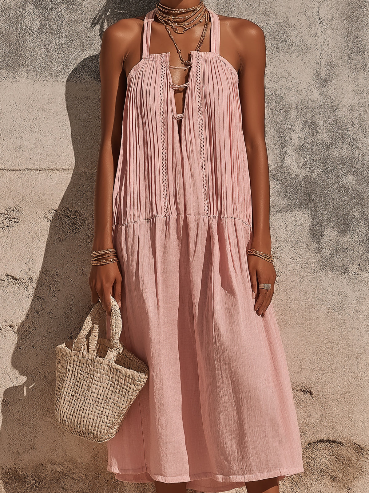 ElevenOra Chic Elegant Pink Cotton-Linen Blend Halter V-Neck Sleeveless Pleats Detail A-Line Loose-Fit Midi Dress