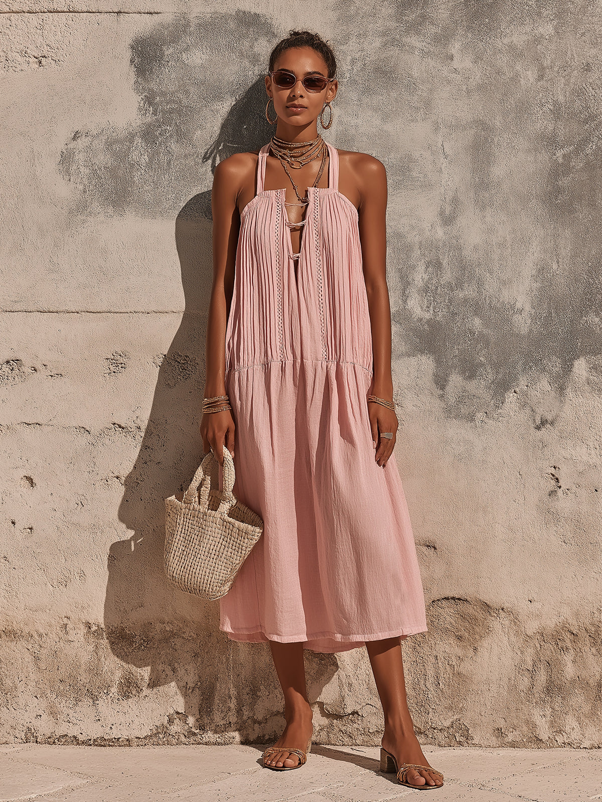 ElevenOra Chic Elegant Pink Cotton-Linen Blend Halter V-Neck Sleeveless Pleats Detail A-Line Loose-Fit Midi Dress