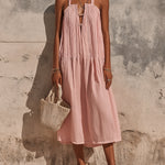 ElevenOra Chic Elegant Pink Cotton-Linen Blend Halter V-Neck Sleeveless Pleats Detail A-Line Loose-Fit Midi Dress