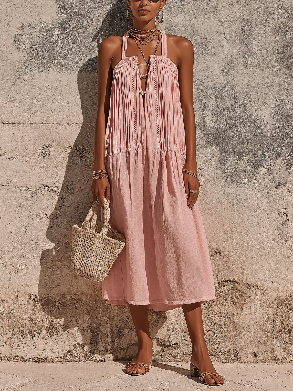 ElevenOra Chic Elegant Pink Cotton-Linen Blend Halter V-Neck Sleeveless Pleats Detail A-Line Loose-Fit Midi Dress