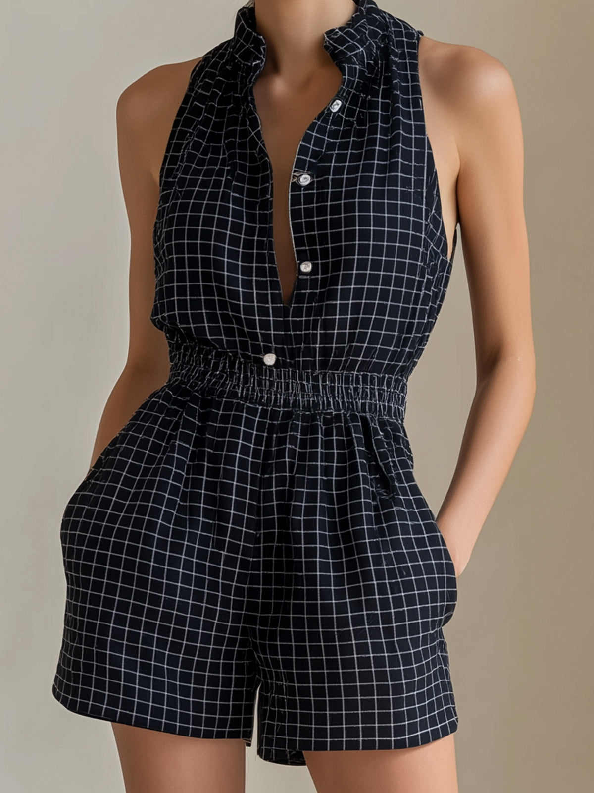 ElevenOra Chic Casual Black Plaids Cotton-Linen Blend Button-Up Round-Neck Sleeveless Elastic-Waist Loose-Fit Romper