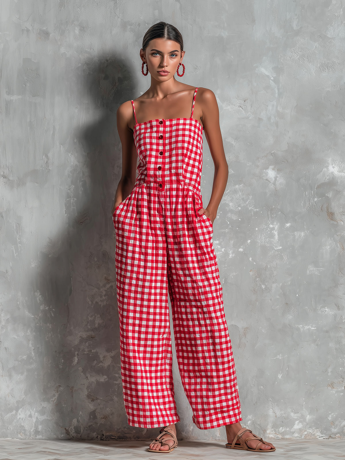 ElevenOra Chic Casual Red-White Plaids Cotton-Linen Blend Spaghetti-Strap Square-Neck Sleeveless Button-Front Loose-Fit Jumpsuit