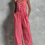 ElevenOra Chic Casual Red-White Plaids Cotton-Linen Blend Spaghetti-Strap Square-Neck Sleeveless Button-Front Loose-Fit Jumpsuit