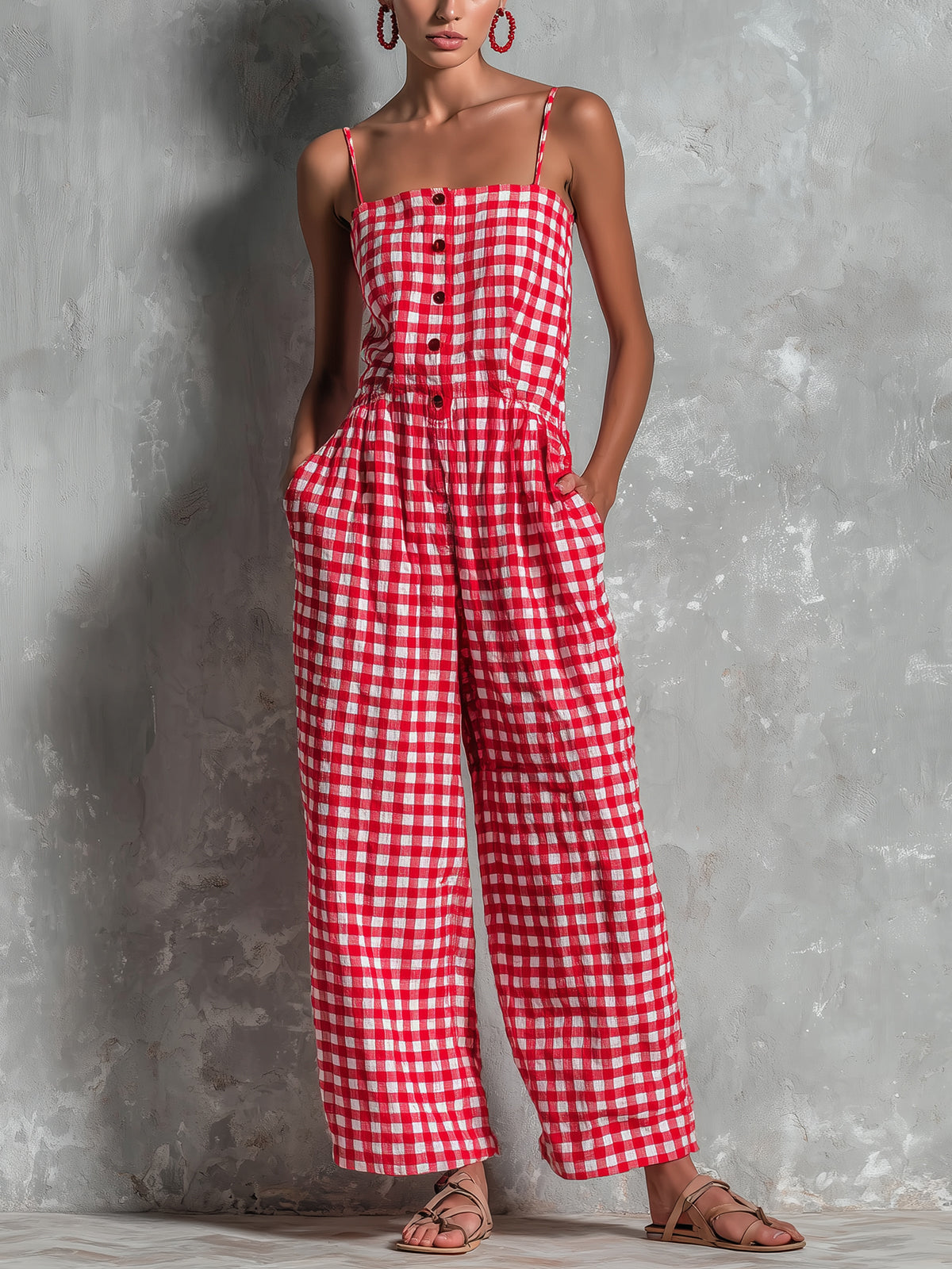 ElevenOra Chic Casual Red-White Plaids Cotton-Linen Blend Spaghetti-Strap Square-Neck Sleeveless Button-Front Loose-Fit Jumpsuit