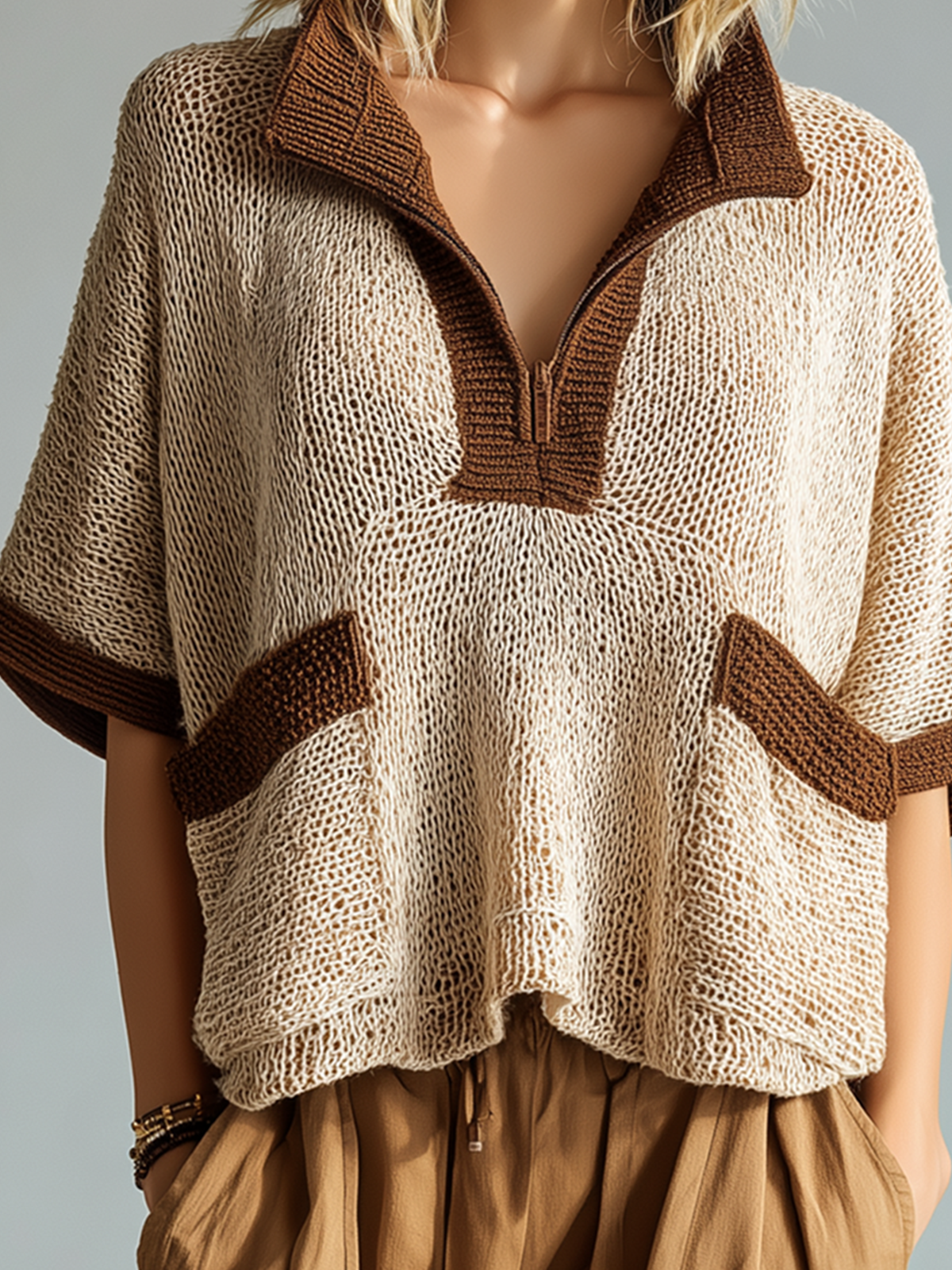 ElevenOra Chic Casual Beige Colorblock Zipper-Up Stand-Collar Short-Sleeve Patch Pocket Loose-Fit Knit Sweater Top