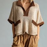 ElevenOra Chic Casual Beige Colorblock Zipper-Up Stand-Collar Short-Sleeve Patch Pocket Loose-Fit Knit Sweater Top