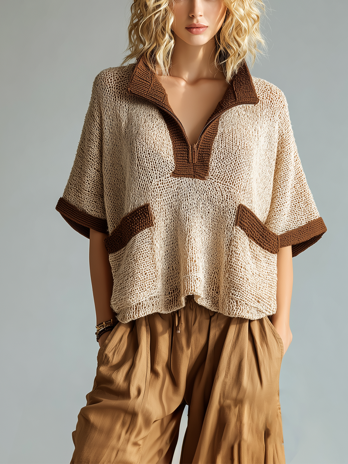ElevenOra Chic Casual Beige Colorblock Zipper-Up Stand-Collar Short-Sleeve Patch Pocket Loose-Fit Knit Sweater Top