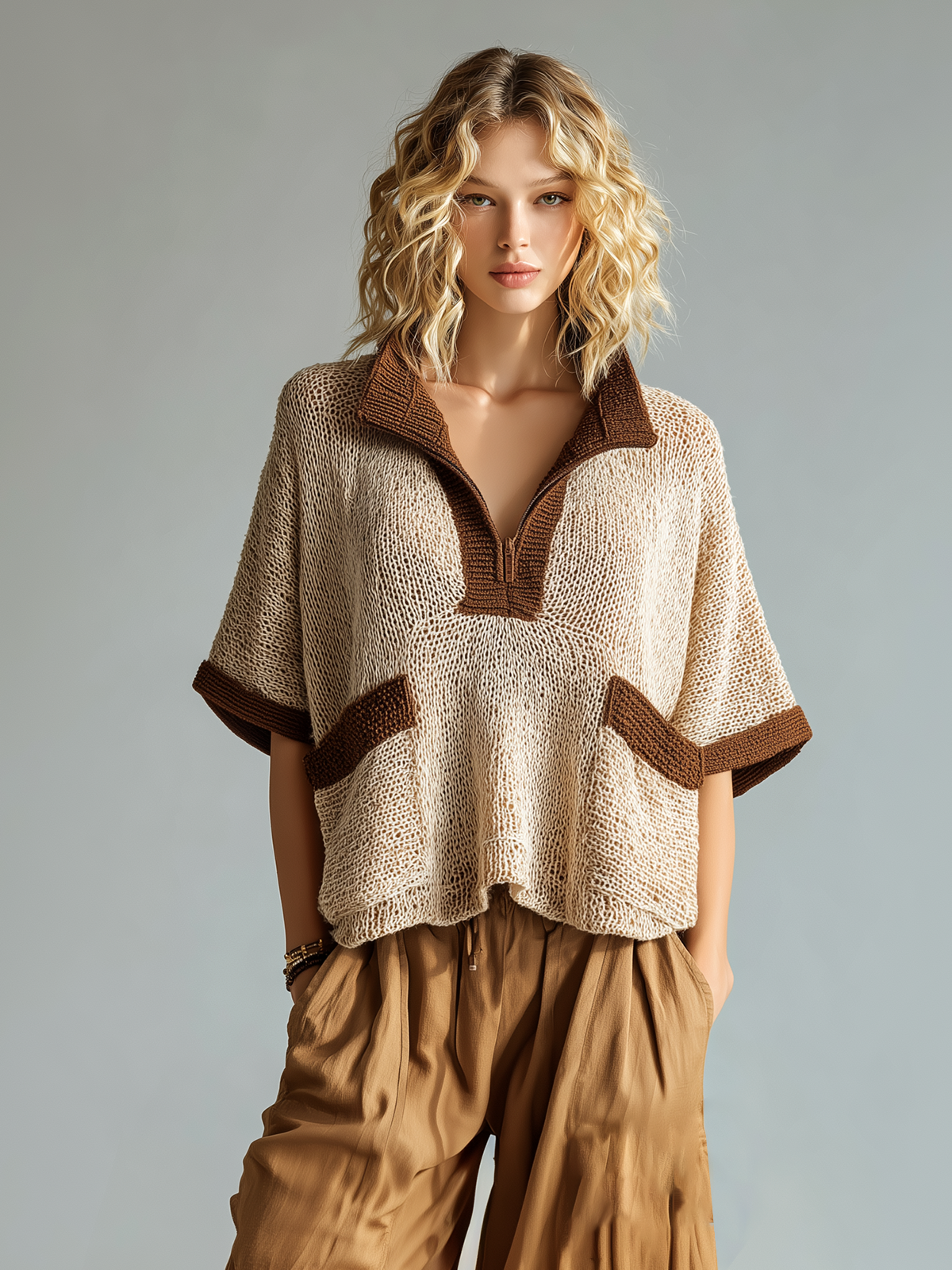 ElevenOra Chic Casual Beige Colorblock Zipper-Up Stand-Collar Short-Sleeve Patch Pocket Loose-Fit Knit Sweater Top