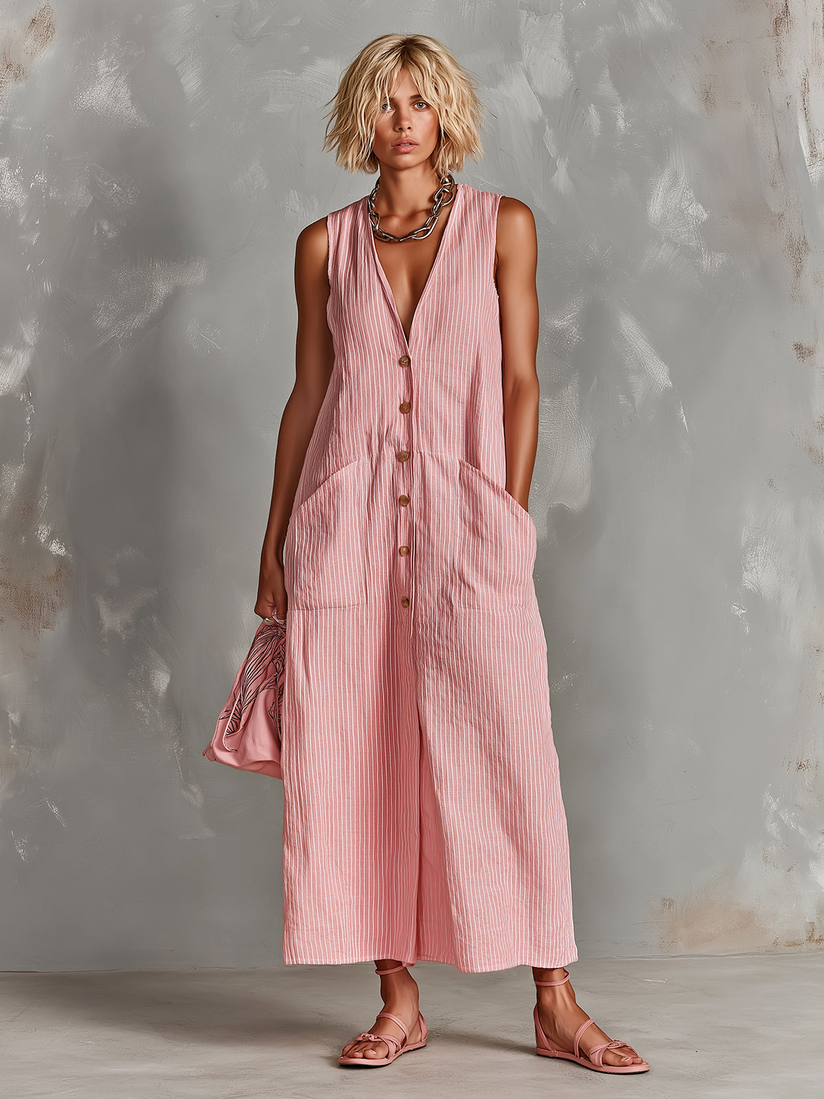 ElevenOra Chic Elegant Pink-White Pinstripes Cotton-Linen Blend V-Neck Single-Breasted Sleeveless Patch Pockets Loose-Fit Maxi Dress