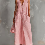 ElevenOra Chic Elegant Pink-White Pinstripes Cotton-Linen Blend V-Neck Single-Breasted Sleeveless Patch Pockets Loose-Fit Maxi Dress