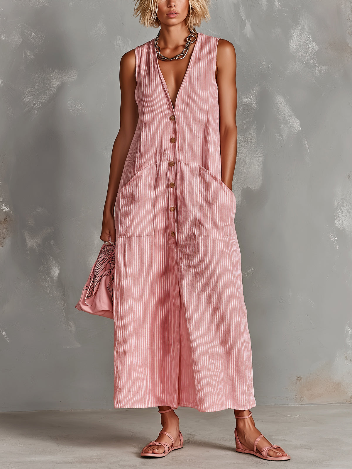 ElevenOra Chic Elegant Pink-White Pinstripes Cotton-Linen Blend V-Neck Single-Breasted Sleeveless Patch Pockets Loose-Fit Maxi Dress
