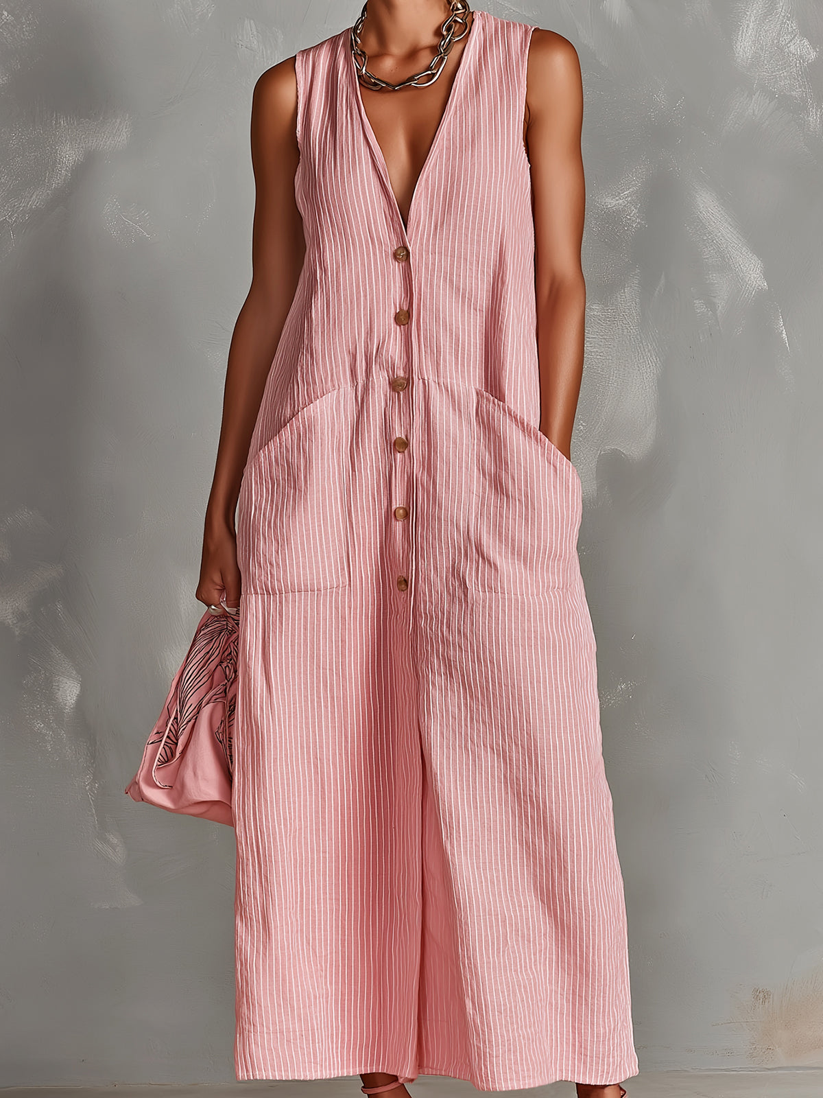 ElevenOra Chic Elegant Pink-White Pinstripes Cotton-Linen Blend V-Neck Single-Breasted Sleeveless Patch Pockets Loose-Fit Maxi Dress