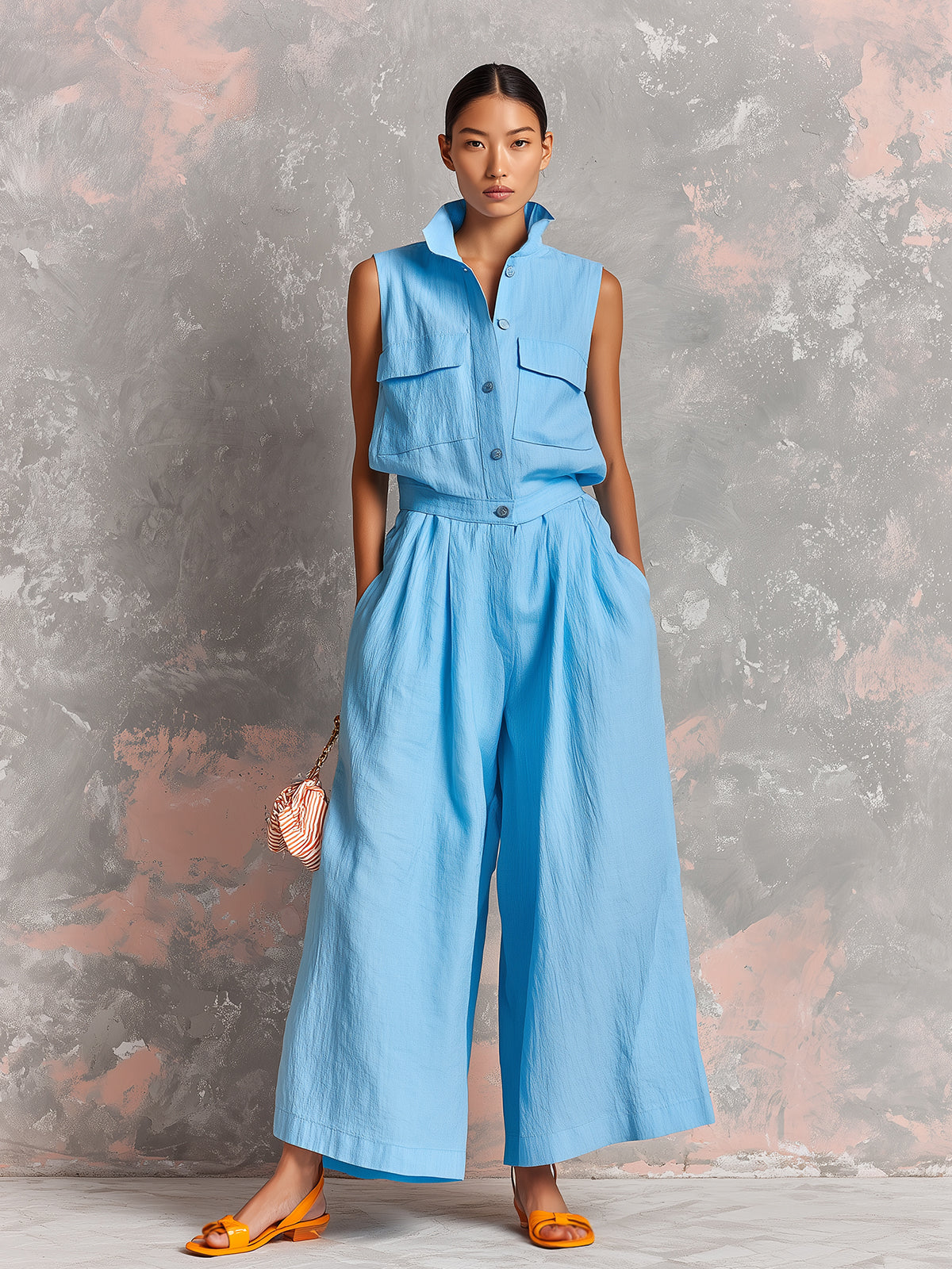 ElevenOra Chic Elegant Blue Cotton-Linen Blend Lapel Collar Button-Front Sleeveless Multi-Pocket Loose-Fit Wide-Leg Jumpsuit
