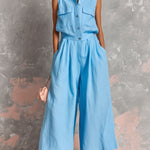 ElevenOra Chic Elegant Blue Cotton-Linen Blend Lapel Collar Button-Front Sleeveless Multi-Pocket Loose-Fit Wide-Leg Jumpsuit